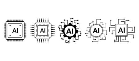 Artificial intelligence AI Processor set icons, AI circuit board chip, AI system square, round and gear shape icons chips set vector