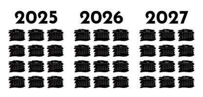 Set of calendars for 2025, 2026 and 2027 on a white vector