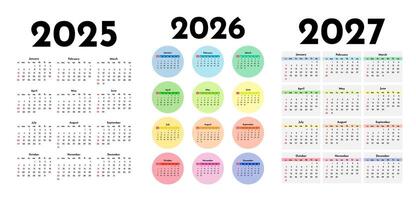 Set of calendars for 2025, 2026 and 2027 vector