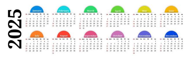 Calendar horizontal for 2025 isolated on a white background vector