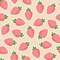 Seamless strawberry sticker pattern in hippie style. Pink cute strawberries background for fabric, wrapping paper and other designs. vector