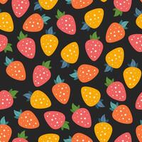 Seamless strawberry pattern in hippie style. Multicolored stylized strawberries on a dark background. Seamless retro background. vector