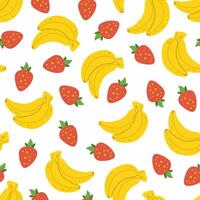 Fruit and berry summer seamless pattern. Sweet background of bananas and strawberries on white background. Cute hand drawn exotic food pattern vector