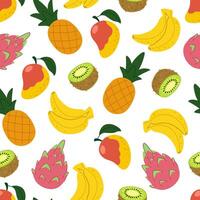 Summer tropical seamless pattern. Exotic fruits repeating background. Pineapple, pitahaya, banana and other fruits pattern on white background. vector