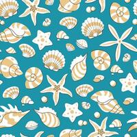 Cute summer seamless pattern with starfish and shells scattered on turquoise background. Marine underwater life background. Summer hand drawn background. vector