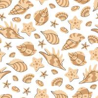 Shells and starfish seamless pattern. Beige mollusks on white background. Summer tropical background. Perfect for fabric and wallpapers. vector