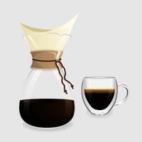 Pour over coffee maker with paper filter and cup of coffee. vector
