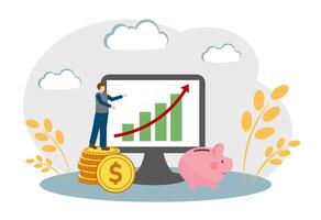 The concept of business development, financial savings and financial growth. Man, computer, diagram, piggy bank vector