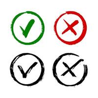 Check mark and cross symbol in black, red and green colors in textured style vector