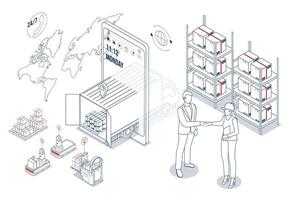 3D isometric logistics concept depicting truck delivery services, smart warehouse technologies with AGV robots, automated inventory systems, and business agreement symbolized by people shaking hands. vector