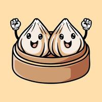fun twin dim sum dumpling colored cartoon character isolated drawing line art style sketch classic vintage design illustration vector