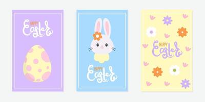 Happy Easter greeting card with cute colorful eggs, flowers and bunny. Set of designs with hand lettering and Easter elements in minimalist style. vector