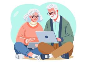 Flat illustration Senior men and women are learning and teaching how to use technology from notebooks and laptops. vector