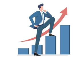 Illustration of a businessman stepping on a rising graph, looking for the next goal and motivation for future success. vector