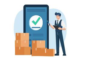 Staff with clipboard and check marks for stock quality reports, quality control of cardboard package boxes Before delivering to customers vector