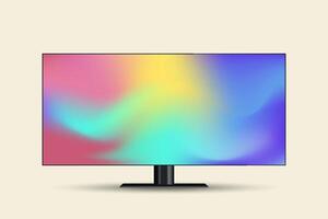 A modern flat-screen monitor or TV mock up with a sleek, minimalistic black frame and stand. The display showcases a vibrant gradient of colors in vector