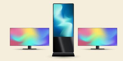 Set of three different modern flat-screen monitors or TV mock up with a sleek, with minimalistic black frame and stand. Three display showcases a vibrant gradient of colors , illustration. vector