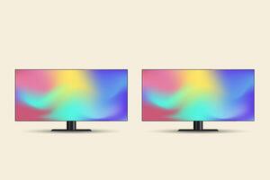 Two modern flat-screen monitors or TV mock up with a sleek, minimalistic black frame and stand. Two display showcases a vibrant gradient of colors LED mornitor. vector