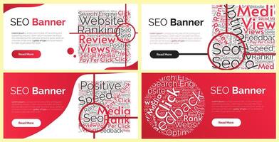 SEO or Seach Engine Optimization related 4 banner set with related word clouds illustration. vector