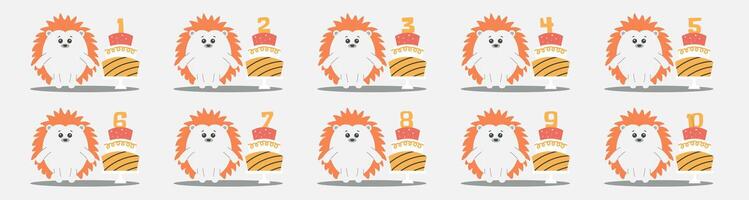 Cute Hedgehog character, cake with number set. Beautiful elements for Kids Birthday Party invitation, greeting card, poster, event, prints and cake toppers design vector