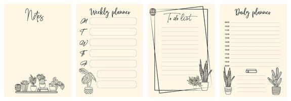 Set of weekly, daily planner pages, notes and to do list templates decorated by hand drawn house plant sketches. Modern scheduler or organizer vector