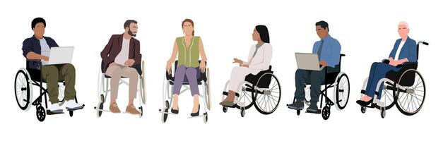 Disabled people at work set. Different business men and women in wheelchair with laptop, working, conversation. Inclusive business concept vector
