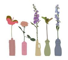 Collection of wild and garden blooming flowers in vases. Set of decorative floral design elements for greeting card, banner, invitation vector
