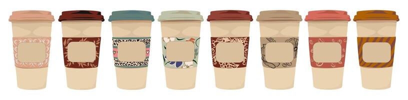 Set of different takeaway coffee cups for espresso, cappuccino, americano, latte, mocca, trendy decorative labels with copy space for text. menu elements, tags vector