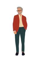 Senior business man in red jacket and green pants stands in front of white background. Concept of formality and professionalism vector