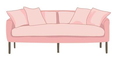 Stylish comfortable pink sofa flat illustration. Modern fabric couch with pillows isolated on white background. vector