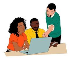 Business people sitting at a table with laptop in front of them. One of the people is pointing at the computer screen. Scene is collaborative and focused. Effective teamwork concept. vector
