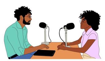 Man and woman sitting at table with microphones recording audio podcast or online show. Radio host interviewing guest, mass media broadcasting vector