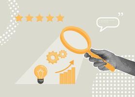 Trend halftone collage.Data analysis concept,goal achievement review,SEO or optimization concept,employee performance appraisal,performance appraisal.Hand uses a magnifying glass to analyze vector