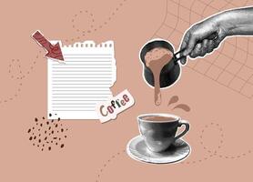 Trendy halftone collage. Hand with halftone effect pouring hot coffee into white porcelain cup on abstract background. Abstract background color Mocha Mousse vector