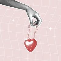 Trendy halftone collage.A gift in the shape of a heart. Hand holding keychain in the form of red halftone heart. Concept of communication, gift for a loved one. Trendy retro collage from the 90's. vector