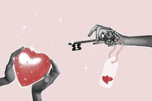 Trendy halftone collage.Heart key. Hands gently holding red halftone heart and key. Concept of communication, careful attitude to each other. Fashionable retro collage from the 90s vector