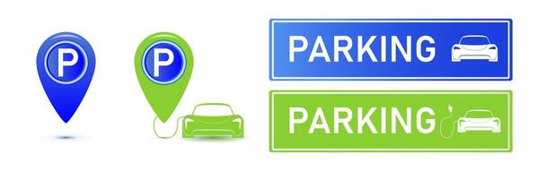 Car parking eco electric icon set. Parking and traffic signs isolated on white background. Map parking pointer. vector