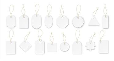 Blank paper price tags or gift tags in different shapes. Set of labels with cord. vector