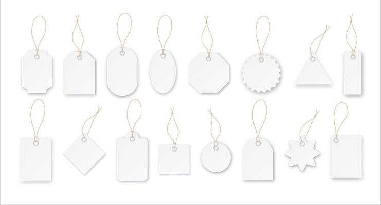 Blank paper price tags or gift tags in different shapes. Set of labels with cord.