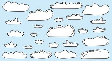 White clouds of different shapes and sizes in doodle style. Hand drawn clouds on a blue background. illustration. vector