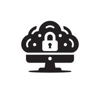 black and white icon design of a computer with a padlock on it vector