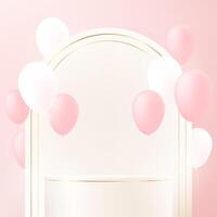 Pink background 3d with beige podium and balloon. 3D abstract studio room with pedestal podium. Space for selling products, backdrop, wallpaper, background, text. illustration. vector