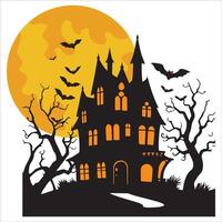 Haunted House Under Full Moon and Bats vector