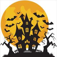 Haunted Manor Silhouette with Moon and Bats vector