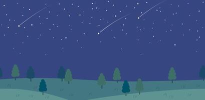 Seamless Flat-Style Landscape At Night With Shooting Stars. Horizontally Repeatable. vector