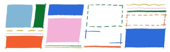 Hand drawn outlined rectangle frames with crayon or chalk texture. Wave and dashed underlines and highlights. Color illustration on a white background. vector