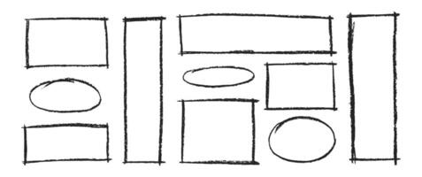 Hand drawn grunge circle, oval, square, rectangle shapes with crayon or pastel texture. Speech bubbles painted with chalk. Grunge illustration. vector