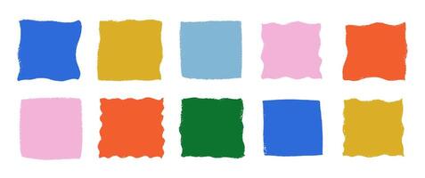 Set of hand drawn square frame boxes with crayon, pastel or chalk texture. Grunge doodle shapes. Color wave and curly illustration on a white background. vector