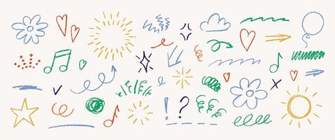 Set of doodle hand drawn elements for text with crayon or pastel texture. Arrows, shapes and frames. vector