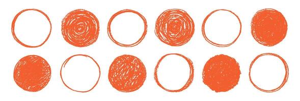 Scribble circle round frame with crayon or chalk texture. Hand drawn black coal objects for design use. Red illustration on a white background. vector